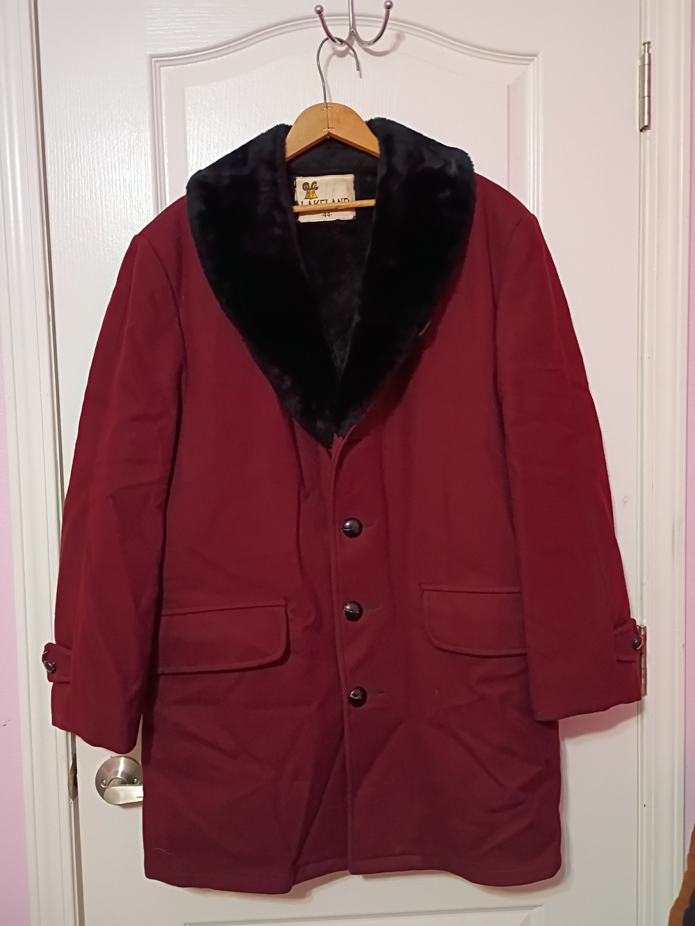 Men's Wool Burgundy Pea Coat with Black Faux Fur Collar